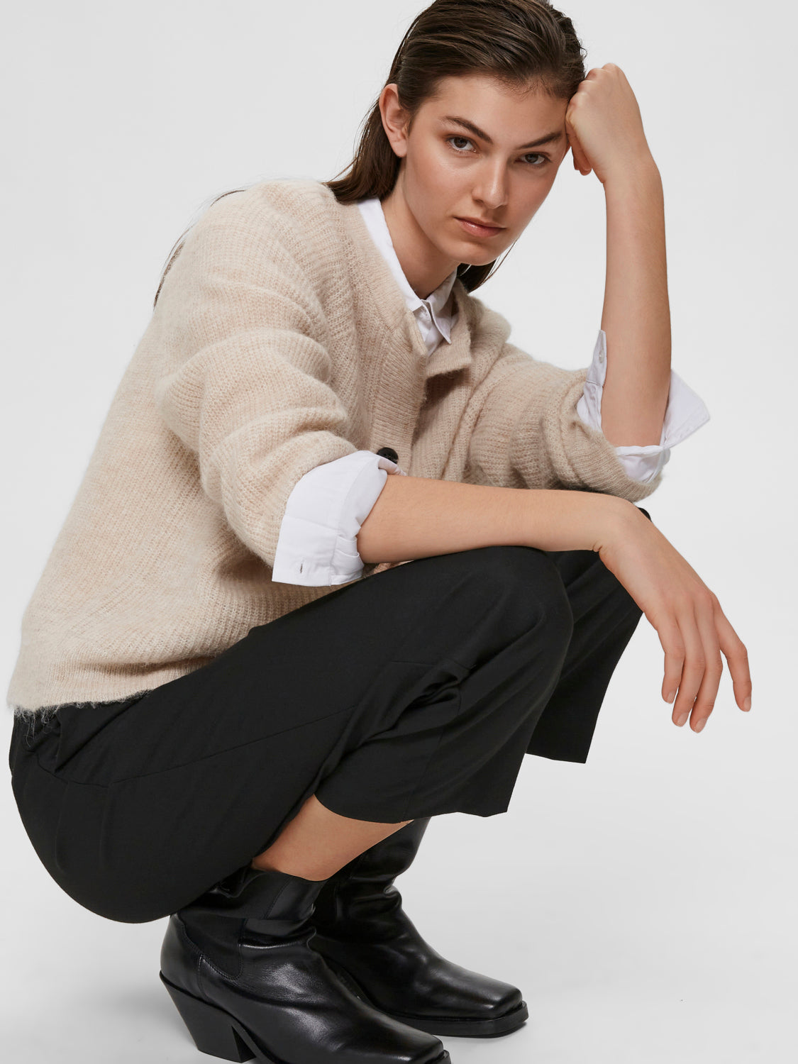 Lulu kort ullcardigan - Beige/ Birch